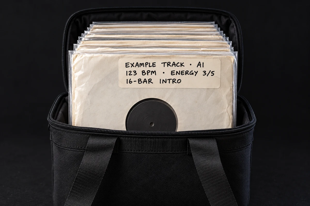 Record bag packed with inner sleeves inside clear plastic protectors, with the front sleeve lifted to show example track notes near its top.