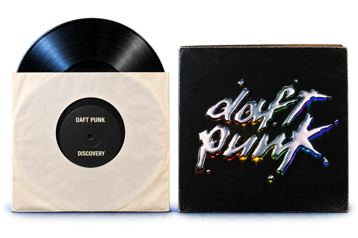 Illustrative Daft Punk Discovery disc in its cream inner sleeve on the left, beside the matching cardboard jacket on the right.
